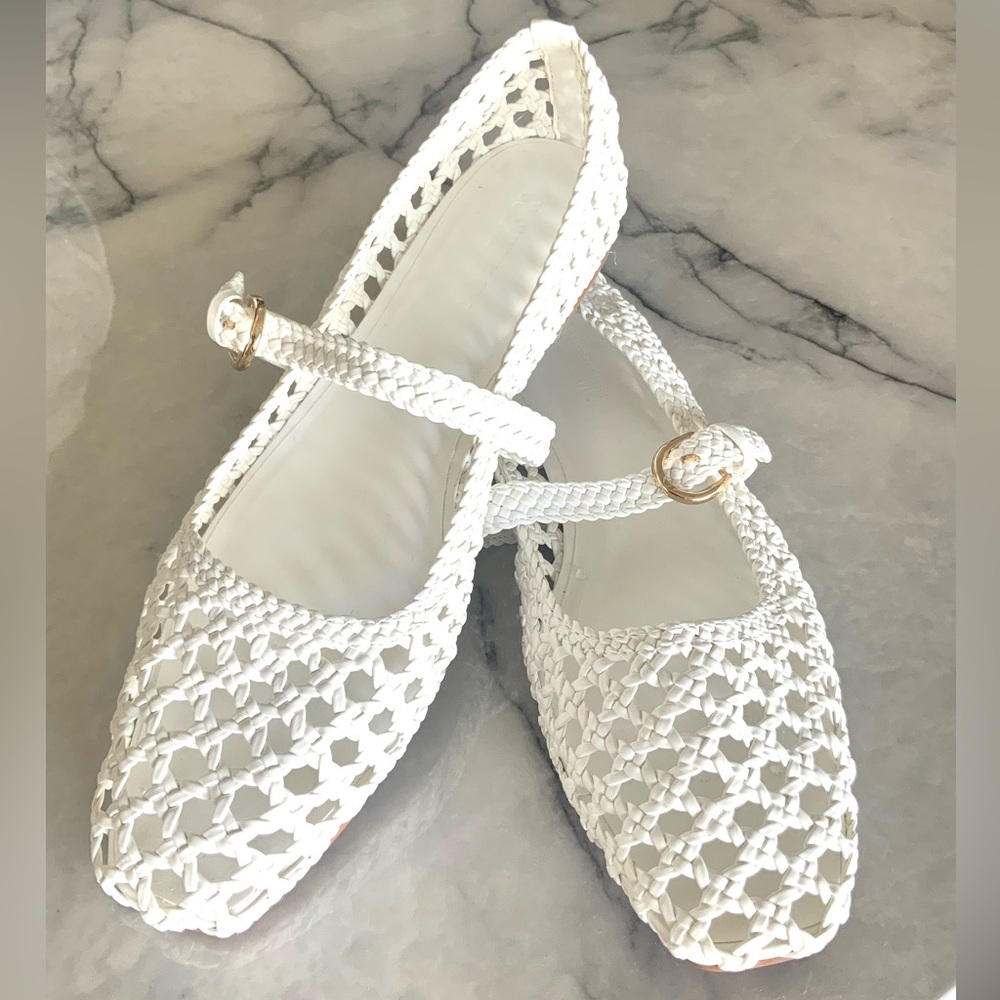 Woven Mary Jane Flats in White with Ankle Strap